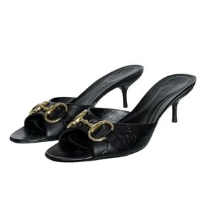 Gucci Black Leather Horsebit Kitten Heel Slides with Gold Hardware GG